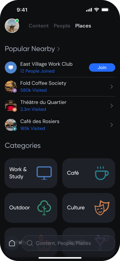 Sociera app: Places, with popular places nearby and categories